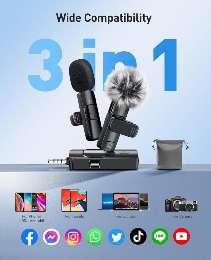 MENERESAS 3-in-1 Mini Microphone for iPhone: Wireless Lavalier Microphones for iOS/Android/Camera - Noise Reduction Lapel Mic, Clip on Mic for Video Recording Vlog, YouTube, Interview