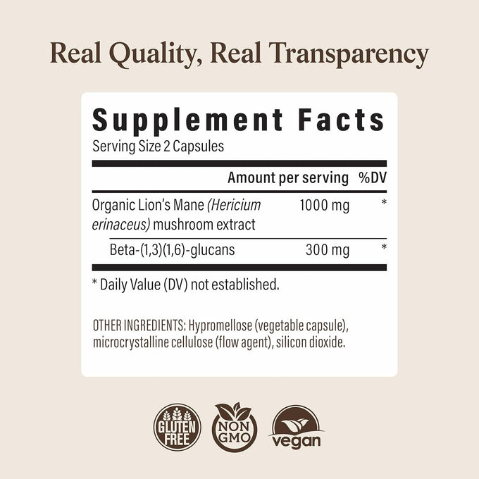 Real Mushrooms Lions Mane Mushroom Cognition (120 Capsules) Lions Mane Mushroom Powder Extract Capsules | Brain Supplement, Brain Vitamins, Focus Supplement