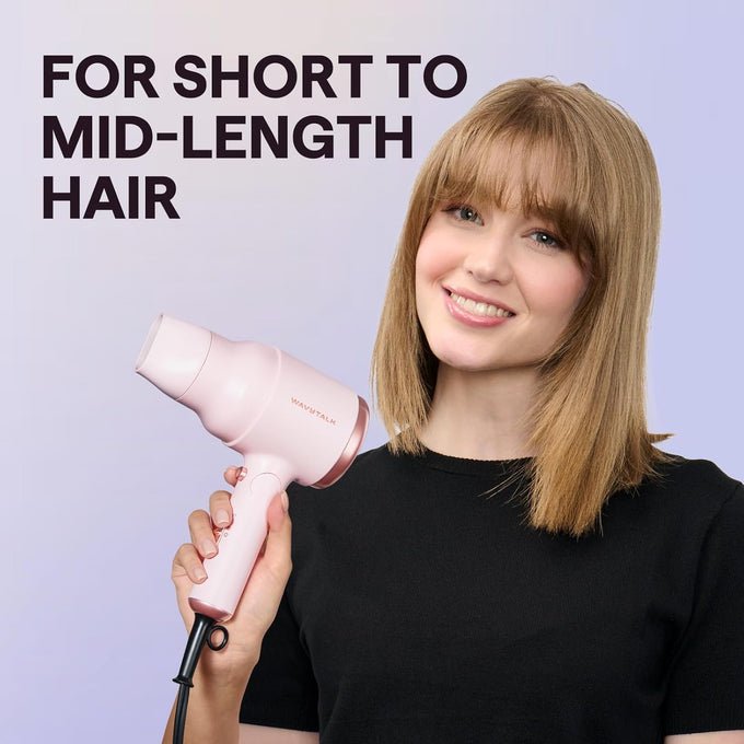 Wavytalk Blow Dryer with Diffuser, Mini Hair Dryer with Folding Handle, 1600W Quiet Lightweight Hairdryer with Diffuser Compact Design, Pinky White
