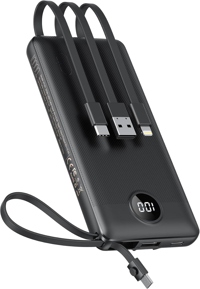 VEEKTOMX 10000mAh Portable Charger with Built-In Cables – Fast USB-C Power Bank for iPhone & Samsung