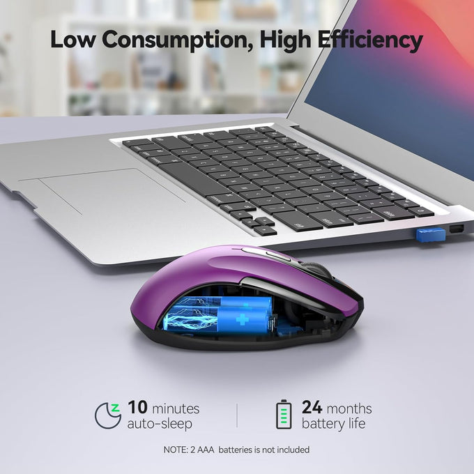 TECKNET Wireless Mouse, 2.4G Ergonomic Optical Mouse, Computer Mouse for Laptop, PC, Computer, Chromebook, Notebook, 6 Buttons, 24 Months Battery Life, 2600 DPI, 5 Adjustment Levels - Purple