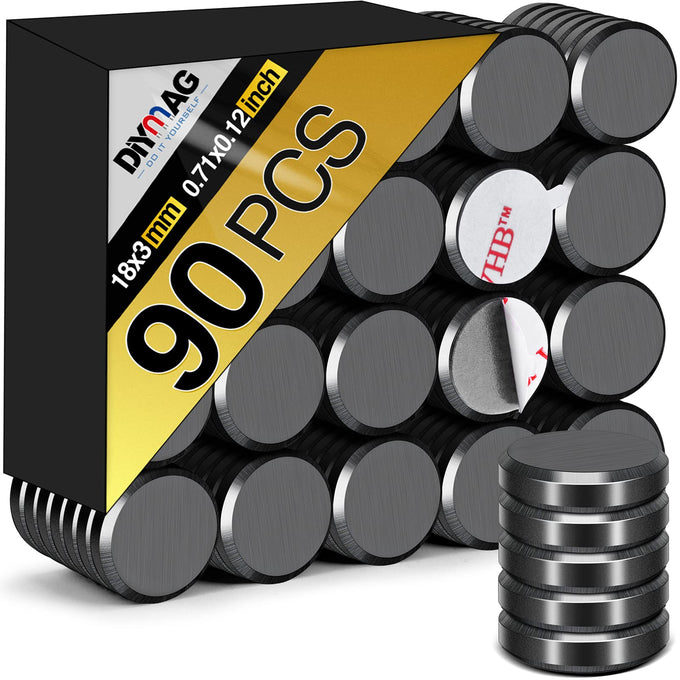 DIYMAG Strong Magnets with Adhesive Backing 90Pcs 0.7x0.12 Ceramic Round Magnetic Dots for Crafts Small Button Refrigerator Magnet Dot Heavy Duty Double Sided for Fridge, School, Home and Office