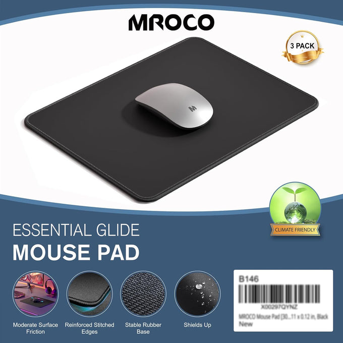 MROCO Mouse Pad 3-Pack [30% Larger] with Anti-Fray Stitched Edges, Premium Waterproof Surface, Non-Slip Rubber Base, Computer & Gaming Mouse Mat for Laptop, Office & Home, 8.5 x 11 in, Black