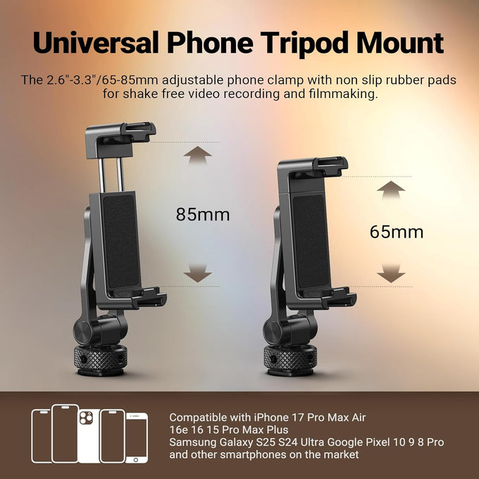 NEEWER Metal Phone Tripod Mount with Cold Shoes, 1/4" Thread, 180° Tilt, 360° Rotation, Adjustable Phone Clamp Holder Compatible with iPhone 17 Pro Max 16 15 Samsung S25 S24 Ultra Camera Cage, GA010
