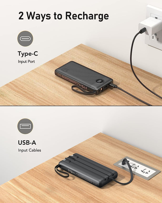 VEEKTOMX 10000mAh Portable Charger with Built-In Cables – Fast USB-C Power Bank for iPhone & Samsung