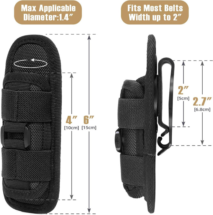 LIVANS Tactical Flashlight Pouch Holster, Rotatable Flashlight Holder Belt Clip Tactical Torch Carry Case with 360 Degree Carabiner Reel Clip
