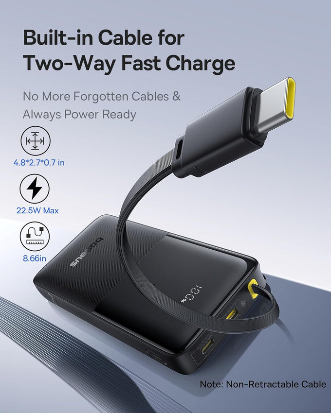 Baseus Portable Charger, 10000mAh Fast Charging Power Bank, 22.5W PD3.0 QC3.0 Battery Pack Built-in USB C Braided Cable, Travel Essentials for iPhone 17 16 15, iPad, S25/S24, Indoor/Outdoor