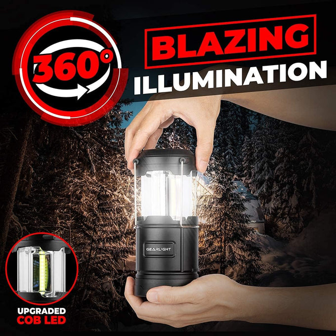 GearLight Camping Lantern - 2 Portable LED Battery Powered Lantern with Magnetic Base and Foldable Hook for Emergency Use or Campsites, Essential Hurricane Survival Kit with Batteries - Black