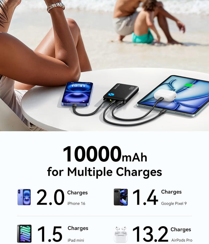 INIU 45W Power Bank, Fast Charging Portable Charger with Built-in USB C Cable, 10000mAh Small Type C Powerbank, Battery Pack for iPhone 17 16 15 14, iPad, Samsung S25 S24 etc Travel Camping Essentials