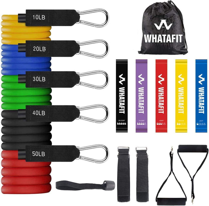 WHATAFIT Resistance Bands Set - 5 Levels, Handles, Straps, Anchor for Home Gym