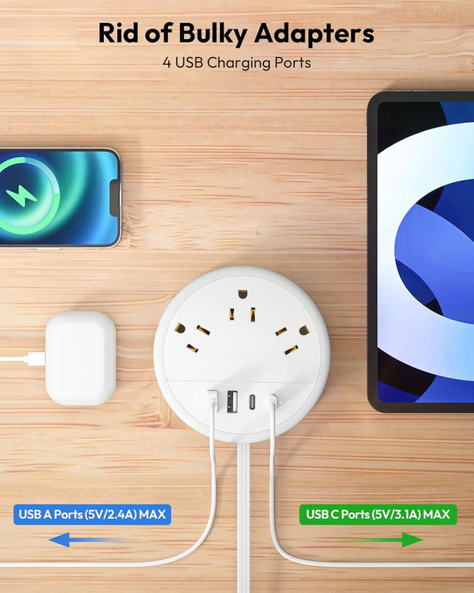 NTONPOWER Travel Power Strip, Travel Essentials, Cruise Essentials 3 Outlets 4 USB Ports(2 USB C), 4FT Wrapped Around Extension Cord for Travel Cruise Ship Beach Vacation Essentials White