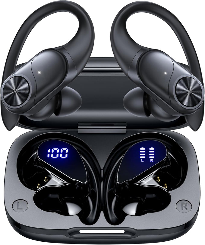 PocBuds Bluetooth Headphones Wireless Earbuds 80hrs Playtime Wireless Charging Case Digital Display Sports Ear Buds with Earhook Deep Bass IPX7 Waterproof Over-Ear Earphones for TV Phone Laptop Black