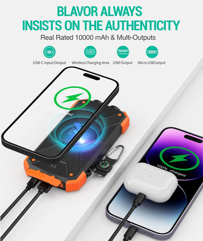 BLAVOR Solar Power Bank 10,000mAh – Wireless Portable Charger, 20W Fast Charging, USB-C Battery Pack with Dual Flashlight
