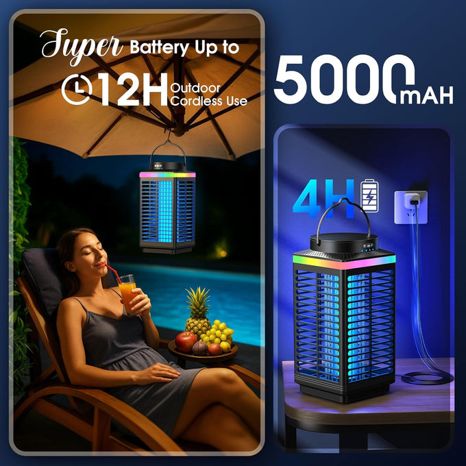 Bug Zapper Outdoor, 4-in-1 4200V Electric Mosquito Zapper, Cordless Rechargeable Bug Zapper Fly Zapper with 5000mAH Battery, Waterproof IP68, Portable & Wireless Insect Zapper for Camping Patio