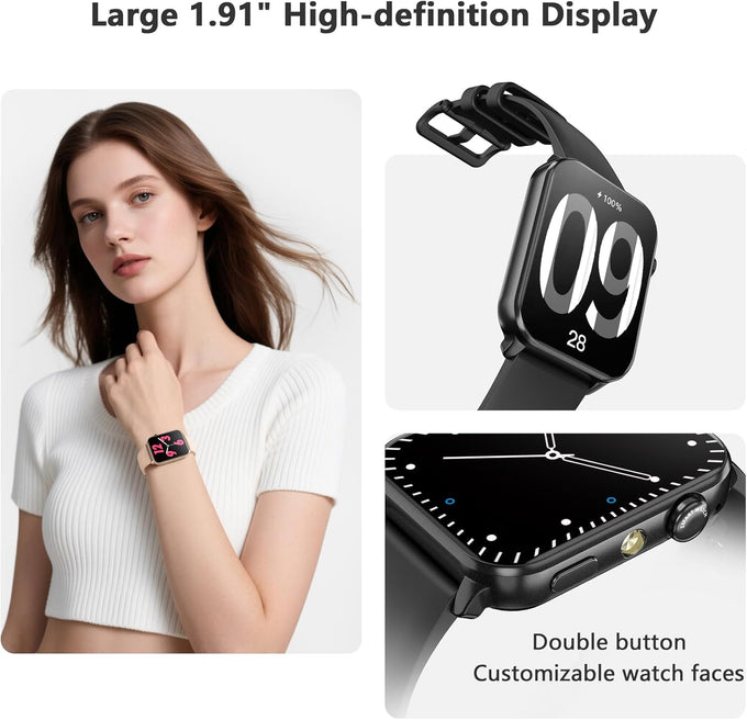 Blackview Smart Watch for Men Women,1.91" HD Touchscreen Fitness Watch with Flashlight, Bluetooth Notifications/Make Calls, Heart Rate/Sleep Monitor/2 Straps, Fitness Watch for Android/iPhone