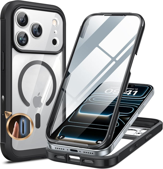 Miracase for iPhone 17 Pro Case 6.3", Full-Body Bumper Military Drop Protection Outdoor Phone Case with Built-in Glass Screen & Full Camera Protector,Camera Control,Compatible with MagSafe,Black