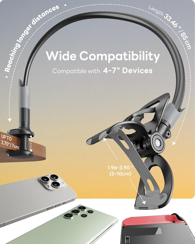 SAIJI Gooseneck Bed Phone Holder – Flexible Long Arm Clamp Stand for Desk & Bed (Black)