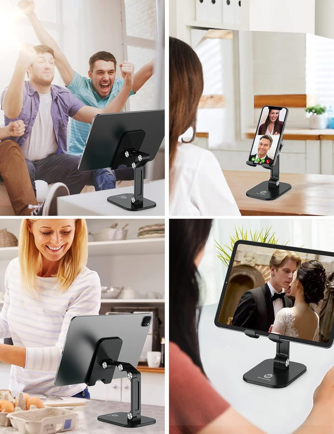 OCYCLONE Phone Stand, Adjustable Height and Angle Foldable Cell Phone Stand Holder for Desk, Taller iPhone Stand Compatible with 4.7"-13" Smartphones iPad Tablet, Black