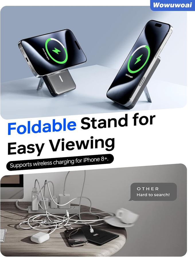 for Magsafe Portable Charger, 10000mAh Wireless Power Bank with Stand, USB C PD 20W Fast Charging Powerbank, Magnetic Battery Pack Compatible for iPhone 17/16/15/14/13/12 Series - Black