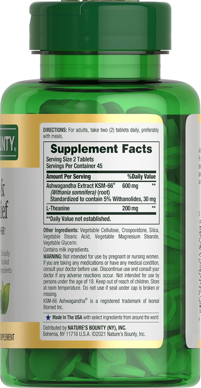 Nature's Bounty Stress Relief, Ashwagandha KSM-66, Supports Occasional Stress Relief, Dietary Supplement, 2 Tablets per Day, Vegetarian Tablets, Gluten Free, 90 Ct