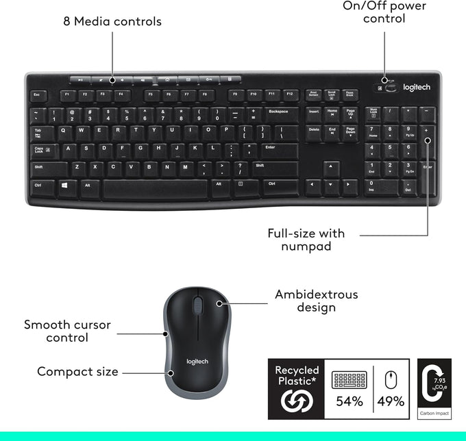 Logitech MK270 Wireless Keyboard and Mouse Combo for Windows, 2.4 GHz, 8 Multimedia Keys, PC, Laptop, Wireless Keyboard Compact Mouse Combo - Black Visit the Logitech Store