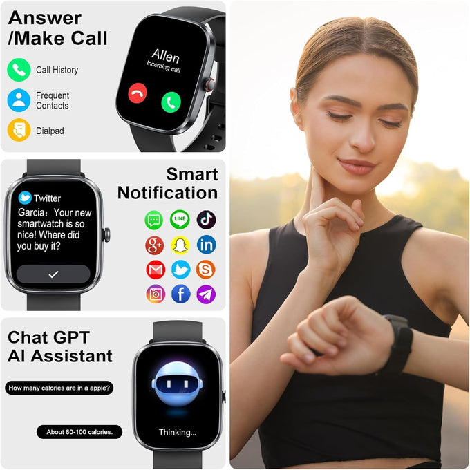 uaue AI Smart Watch with ChatGPT, 1.91" Bluetooth Calling Smartwatch for Men Women, 110+ Fitness Modes Activity Tracker, Sleep/Heart Rate/Calorie Monitor, IP68 Waterproof Step Counter for Android iOS