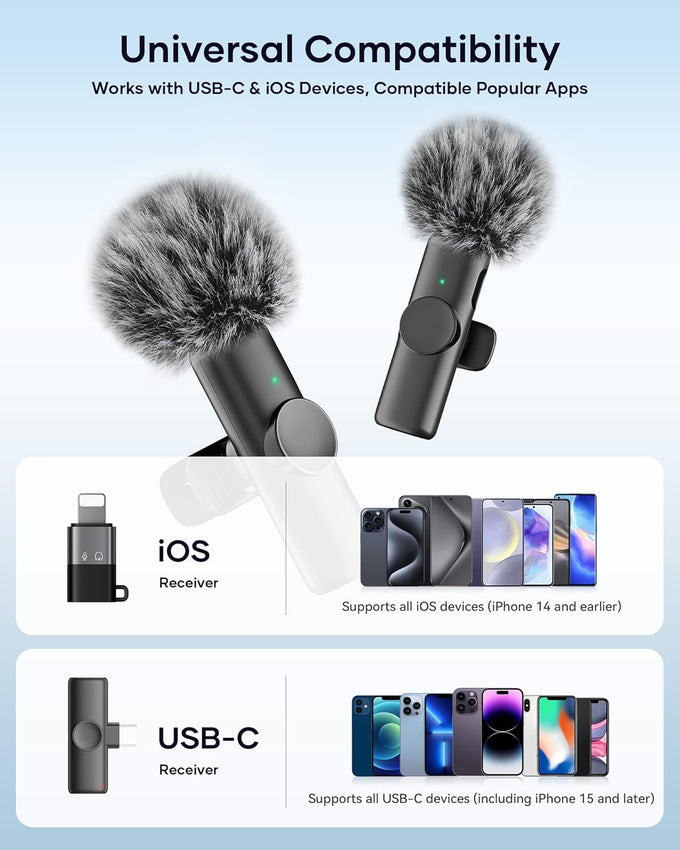 Wireless Microphone for iPhone iPad and Android Phone, 2 Pack Wireless Lavalier Lapel Mic with Noise Reduction, Plug and Play Mini Microphone for Video Recording Interview Podcast YouTube TikTok Vlog