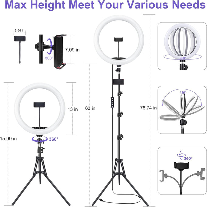 10" Selfie Ring Light with 73" Tripod Stand & 1 Phone Holder, LED Camera Ringlight with 48 RGB Colors Modes & Musical Rhythm Mode and 12 Brightness Dimmable for TikTok/Makeup/Photography/Vlog