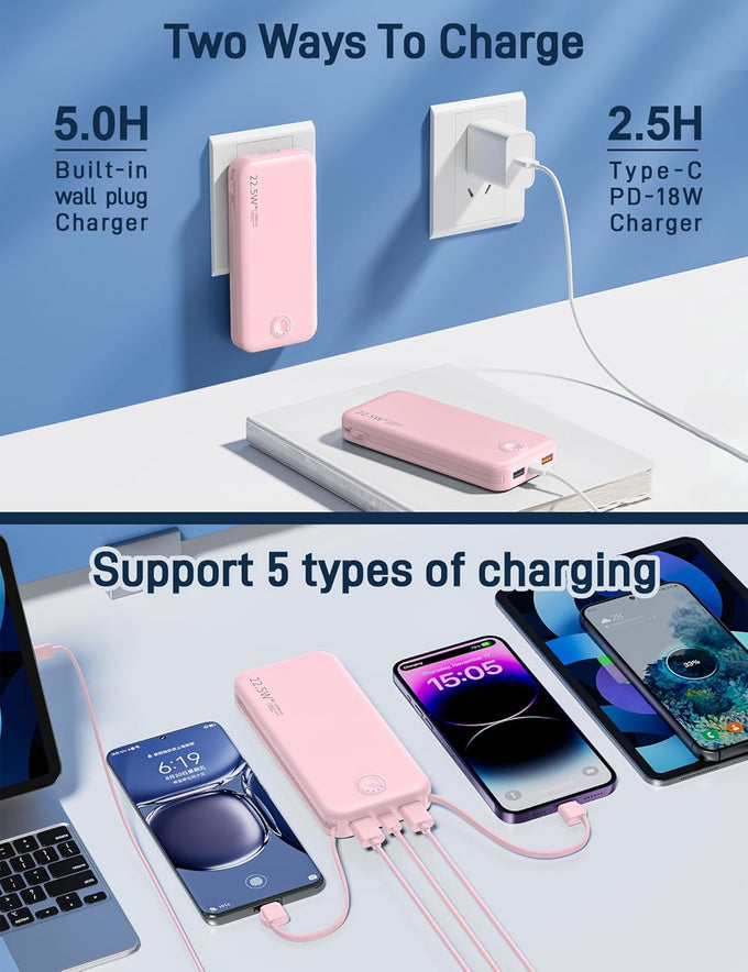 Portable Charger, 12000mAh 22.5W Fast Charging Power Bank with Built-in Cables & Wall Plug, Travel Essentials External Battery Pack, USB C Battery Phone Charger for iPhone, iPad, Samsung Pink