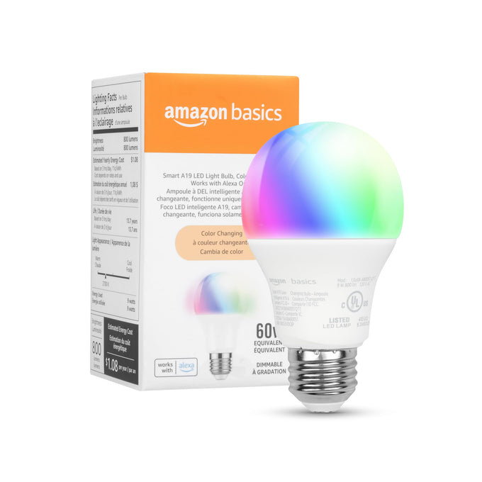 Basics Smart A19 LED Light Bulb, Color Changing, 9W (60W Equivalent), 800LM, Works with Alexa Only, WiFi 2.4 GHz, No Hub Required, Mood Lighting, Energy Efficient, 1-Pack