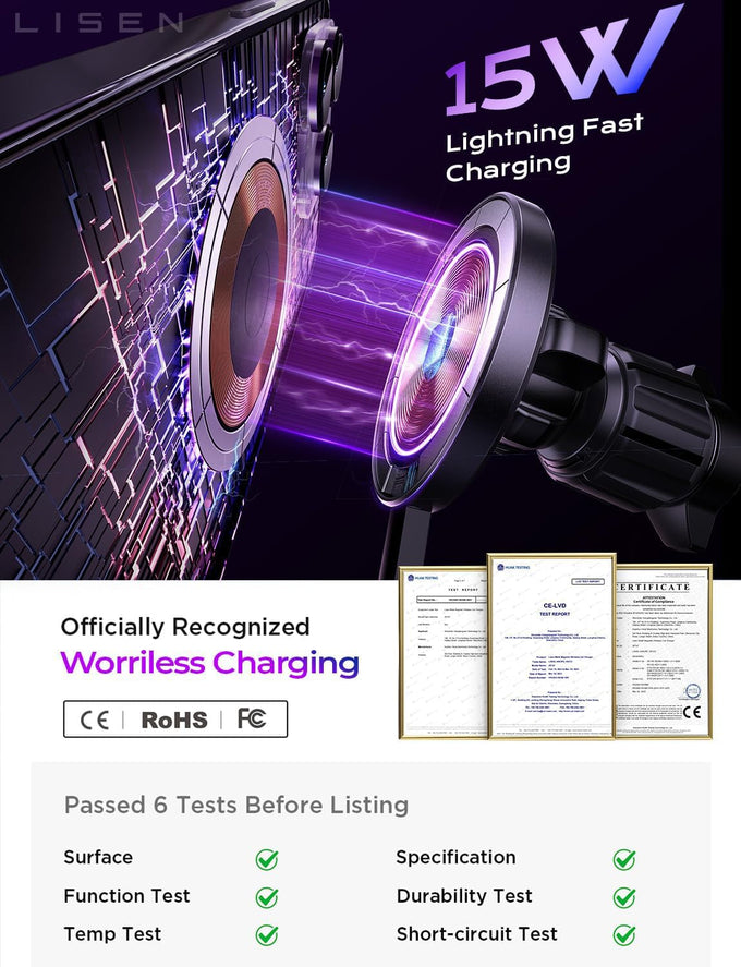 LISEN for 15W MagSafe Car Mount Charger,Magnetic Wireless Cars Charger,Magnetic Phone Holder for Cars,Phone Holders for Your Car Accessories for Women Men Jeep Ford F150 for iPhone 17-12,Samsung,Pixel