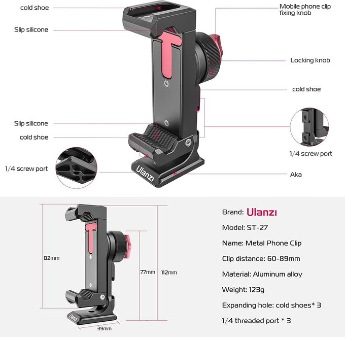 Metal Phone Tripod Mount 3 Cold Shoes & Arca Port, 360° Smartphone Tripod Adapter for iPhone 17 16 15 Cell Phone Stand Holder for Desktop Video Live Streaming Vlogging Rig