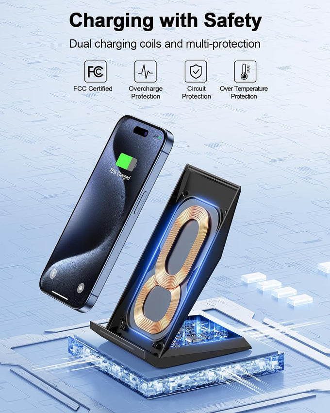 NANAMI 15W Fast Wireless Charger Stand – Qi Certified Charging Dock for iPhone & Samsung Galaxy