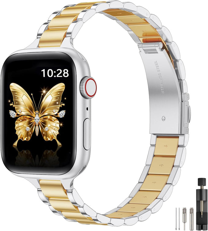 WFEAGL Thin Metal Bands Compatible with Apple Watch Band 42mm (Series 11 10) 41mm 40mm 38mm for Women, Slim Stainless Steel Wristbands for iWatch SE Series 9 8 7 6 5 4 3 2 1 (Silver+Gold)