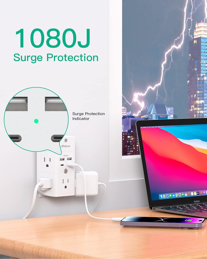 Surge Protector Outlet Extender - with Night Light, 5-Outlet Splitter and 4 USB Ports (2 USB C Charger), Multi Plug Outlet for Home, Dorm Room Essentials
