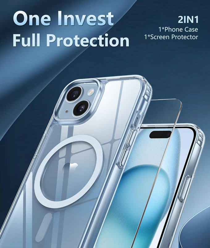 FNTCASE for iPhone 15 Case Clear: iPhone 14/13 Case Magnetic Phone Cases with Screen Protector Compatible with Magsafe Slim Anti Yellowing Rugged Protective Transparent Cell Cover (A-Clear)