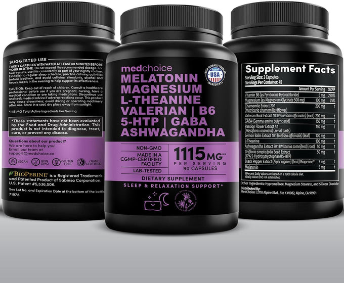 12-in-1 Melatonin Sleep Capsules - Natural Sleep Aids for Adults with Melatonin 5mg and Magnesium Glycinate 500mg, Sleep Aid with Ashwagandha, L Theanine, Valerian Root, GABA, 5-HTP (90ct, Pack of 1)