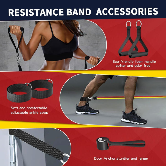 WHATAFIT Resistance Bands Set - 5 Levels, Handles, Straps, Anchor for Home Gym