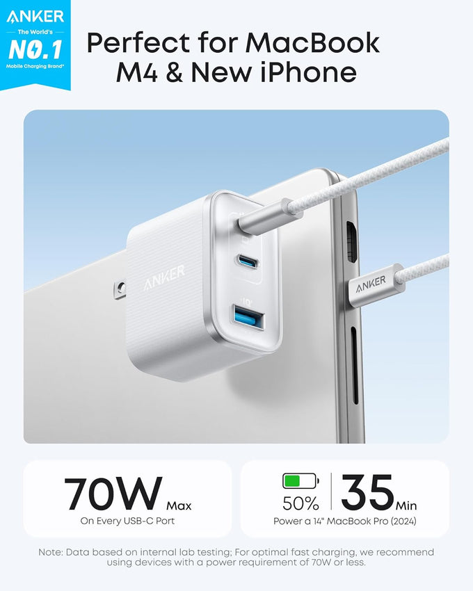 Anker Nano Charger, Ultra-Fast 70W Output 3-Port USB C Charger Block, Fast Charging, Compact and Stylish, for iPhone 17/16 Series, MacBook, iPad, Pixel, Galaxy, and More(Black, Cable Included)