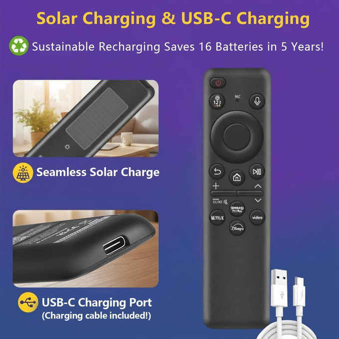 Rechargeable Voice Remote for Samsung Smart TVs, Replacement for 2019–2025 Samsung TV Remote Control with Solar Charging and Voice Search. 2-Year Warranty.