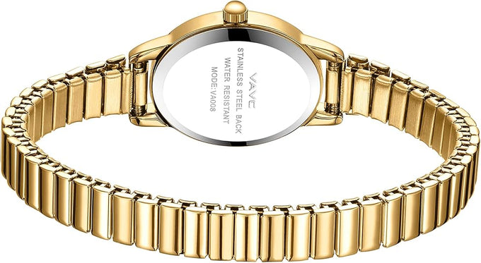 VAVC Small Gold Watch for Women – Stainless Steel Stretch Band, Roman Dial, Water Resistant