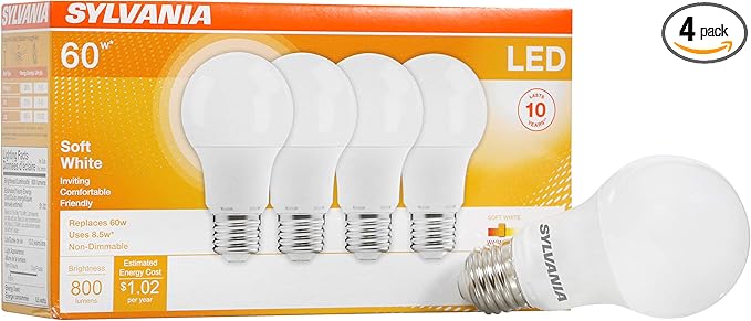 Sylvania LED Light Bulb, 60W Equivalent A19, Efficient 8.5W, Medium Base, Frosted Finish, 800 Lumens, Soft White - 4 Pack (73888)