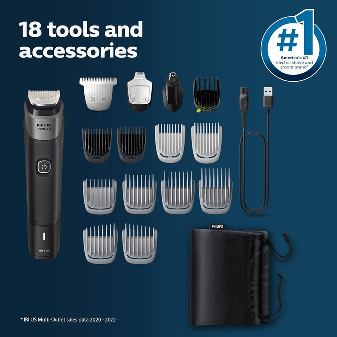 Philips Norelco Multigroom 5000 Series, All-in-One Trimmer and Hair Clipper, 18-Piece Men's Grooming Kit for Beard, Face, Hair, Body and Intimate Areas, No Blade Oil Needed, Model MG5910/49