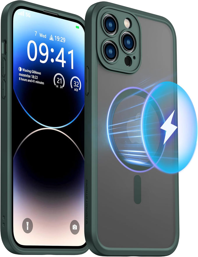 ImpactStrong Magnetic Guard Designed for iPhone 14 Pro Case [Camera Protection] [Military Grade Drop Tested] [Compatible with MagSafe] Slim Translucent Matte Phone Case (6.1") - Dark Green