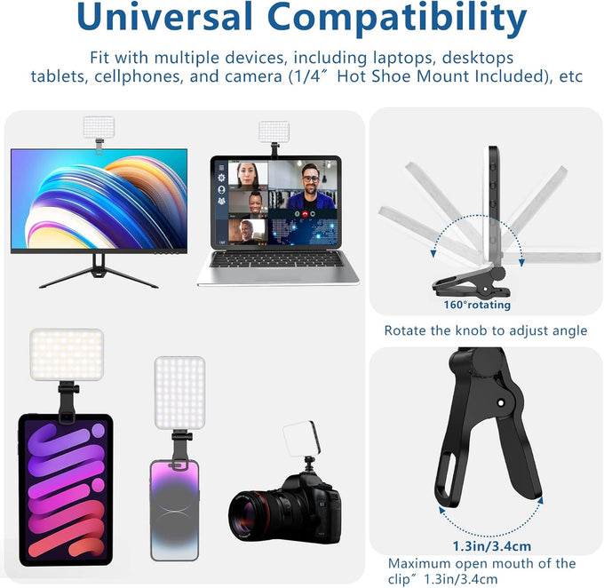 ALTSON 60 LED Portable Selfie Light Video Conference Lighting with Clip & Camera Tripod Adapter Rechargeable 2200mAh CRI 97+, 3 Light Modes for Phone iPhone Webcam Laptop Photo Makeup