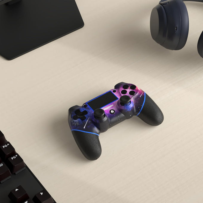 AceGamer Wireless Controller for PS4 – Custom V2 Gamepad with Non-Slip Grip, 3.5mm Audio Jack & Thumb Caps (Galaxy Design)