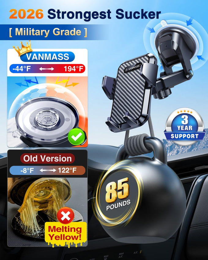 VANMASS【85+LBS Strongest Suction & Military-Grade Ultimate Car Phone Mount【Patent & Safety Certs】 Cell Phone Holder Truck for Dashboard Windshield Vent for iPhone 17 Pro Max 16 15 for Samsung