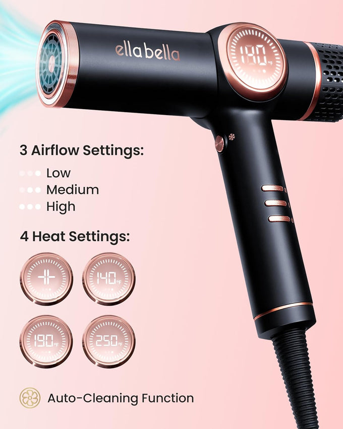 Professional Ionic Hair Dryer with Diffuser • Negative Ion Blow Dryer • Suitable All Hair Types • Intelligent Heat Control & Rapid Drying Speeds • Lightweight Design • Low Noise Technology