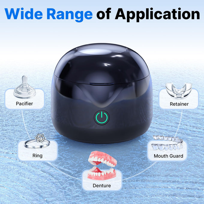 Ultrasonic Retainer Cleaner - UV Dental Cleaning Pod Night Guard Cleaner for Dentures, Aligner, Braces, Toothbrush Heads, Jewelry (Black)
