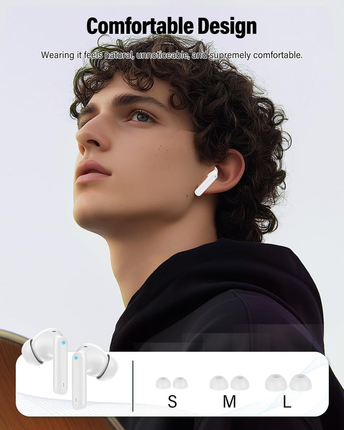Wireless Earbuds, Bluetooth 5.4 Headphones Bass Stereo, Ear Buds with Noise Cancelling Mic, LED Display in Ear Earphones Clear Calls, IP7 Waterproof Bluetooth Earbuds for Laptop/Phones/Sports, White